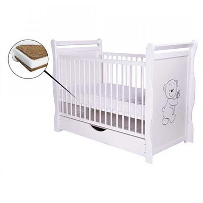 Patut din lemn Jas Ursulet 120x60 cm cu sertar Alb + Saltea 10 cm